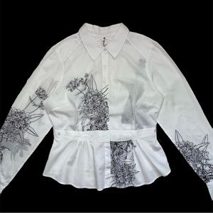 Anthropologie Floreat white blouse with black floral embroidery, size 12